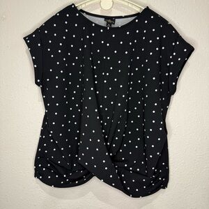 Worthington Polka Dot Top Cap Sleeve Faux Knot Black & White Women’s Petite Lg
